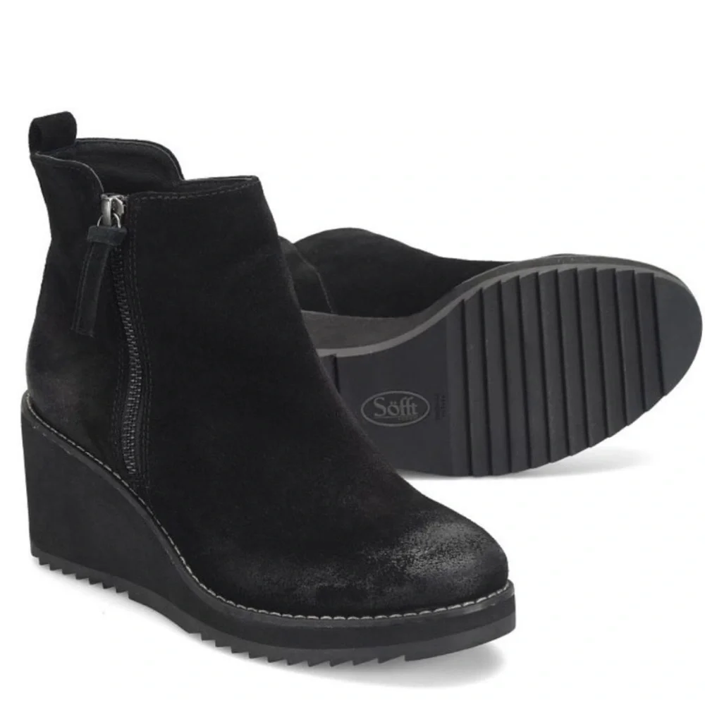 Sofft Black Suede Emeline Ankle Boots Waterproof Wedge Booties New US 7.5